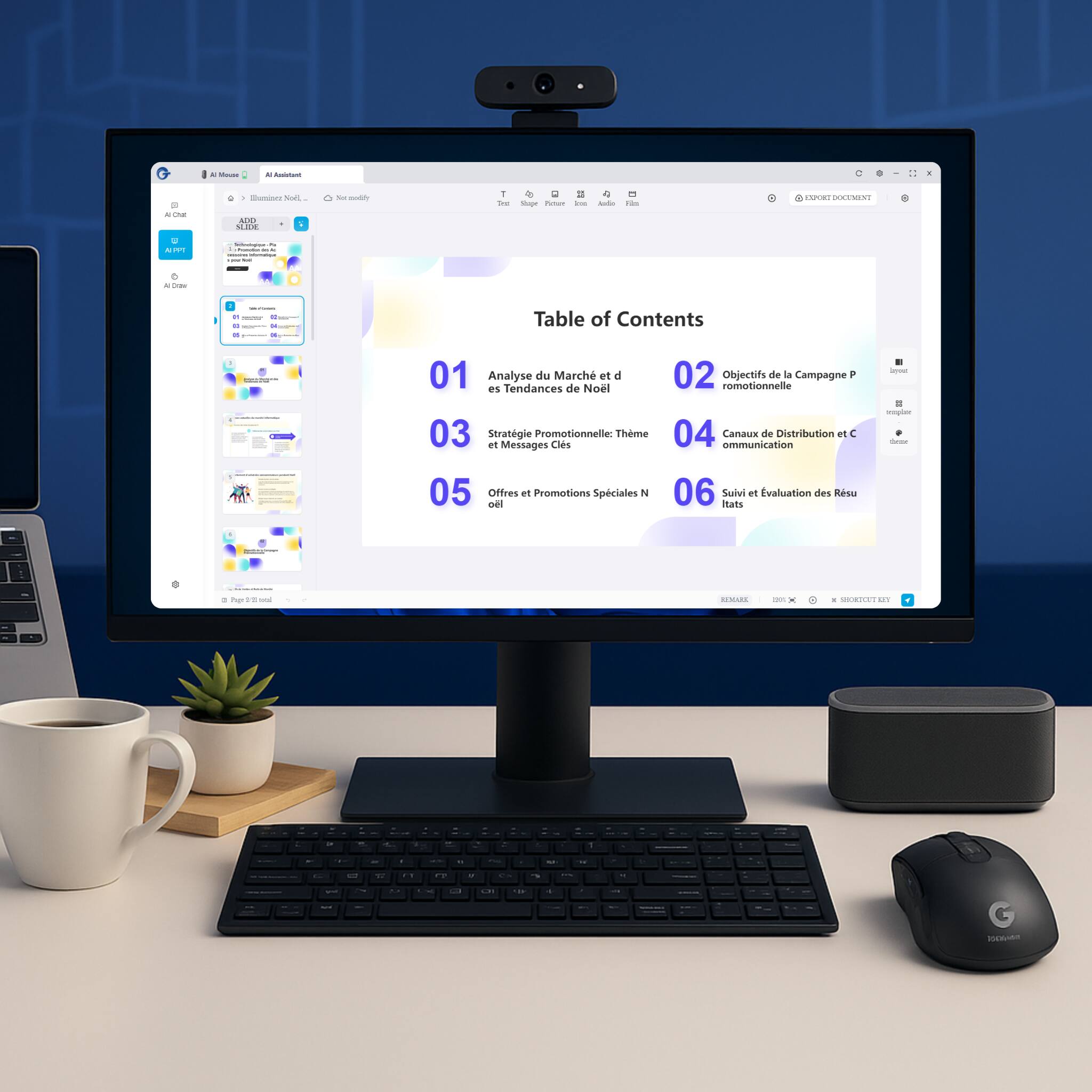 Table of Contents

01 Analyse Tendances du Marché et des Thèmes de Noël

02 Objectifs de la Campagne Promotionnelle

03 Stratégie et Messages Promotionnels

04 Canaux de Distribution et Communication

05 Offres et Promotions Spéciales Noël

06 Suivi et Évaluation des Résultats