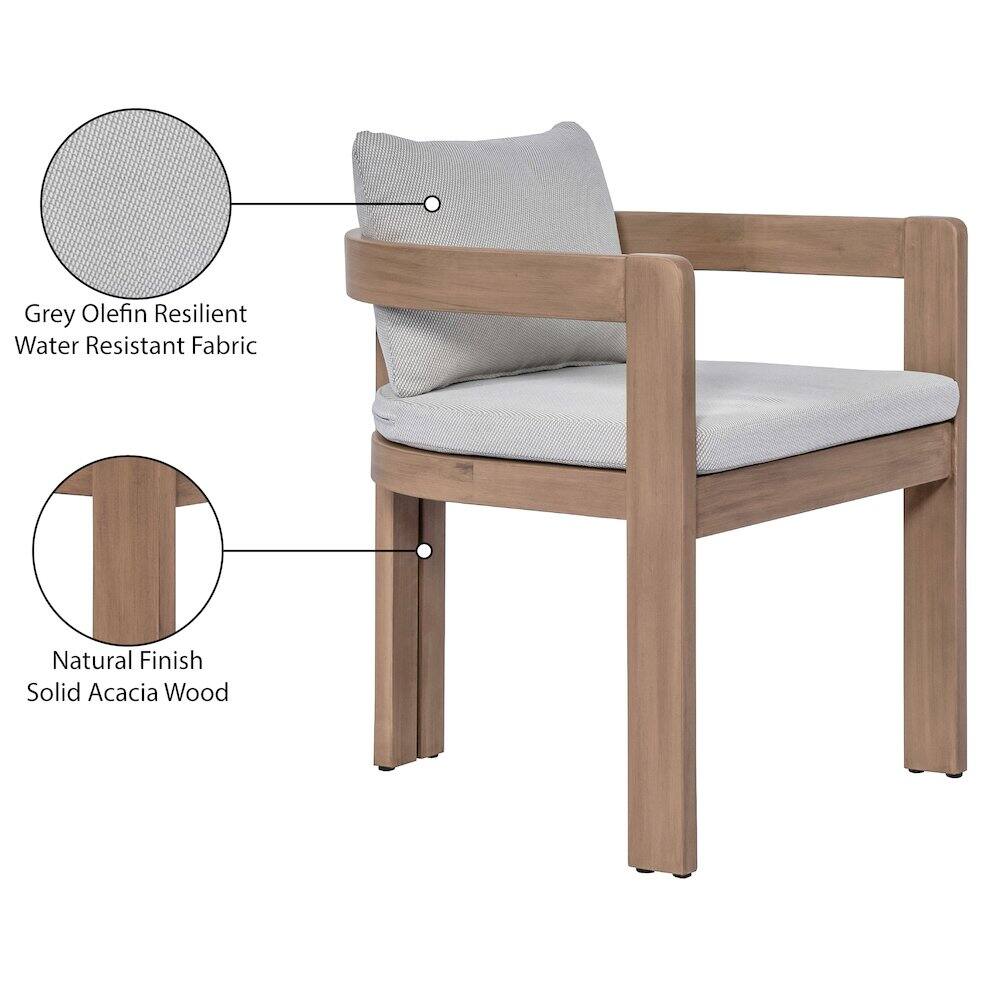 Grey Olefin Resilient Water Resistant Fabric  
Natural Finish Solid Acacia Wood