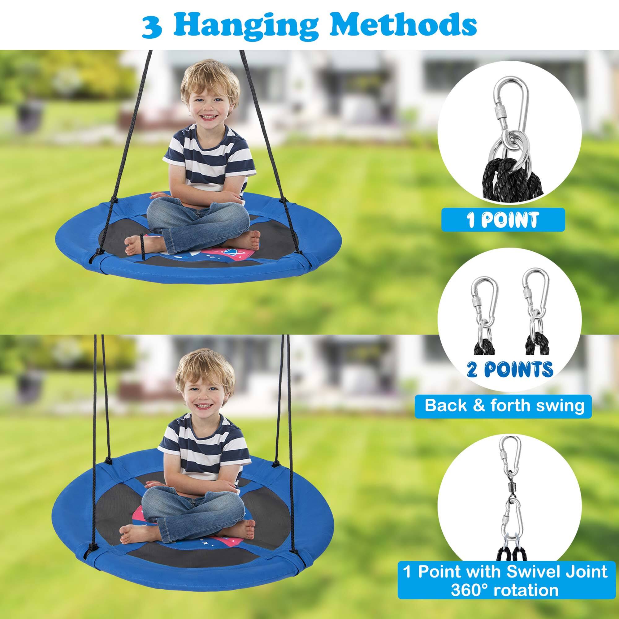 3 Hanging Methods

1 POINT

2 POINTS
Back & forth swing

1 Point with Swivel Joint
360° rotation