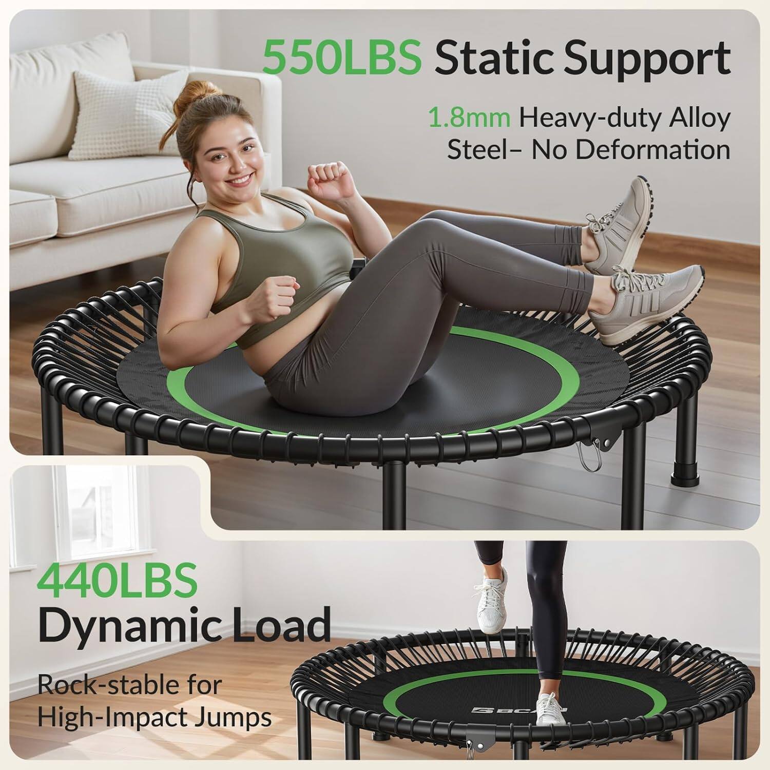 550LBS Static Support  
1.8mm Heavy-duty Alloy Steel – No Deformation  

440LBS Dynamic Load  
Rock-stable for High-Impact Jumps