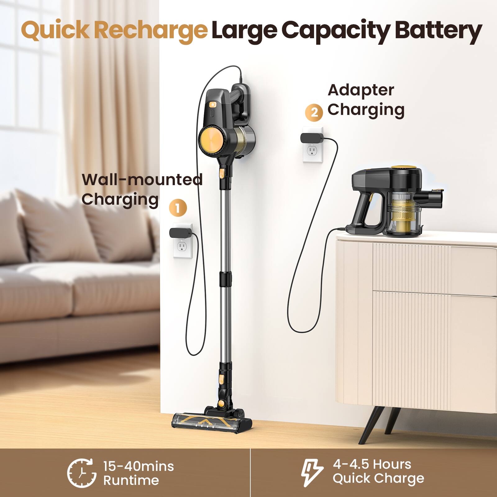 Quick Recharge Large Capacity Battery: Adapter Charging, Wall-mounted Charging. 15-40mins Runtime, 4-4.5 Hours Quick Charge