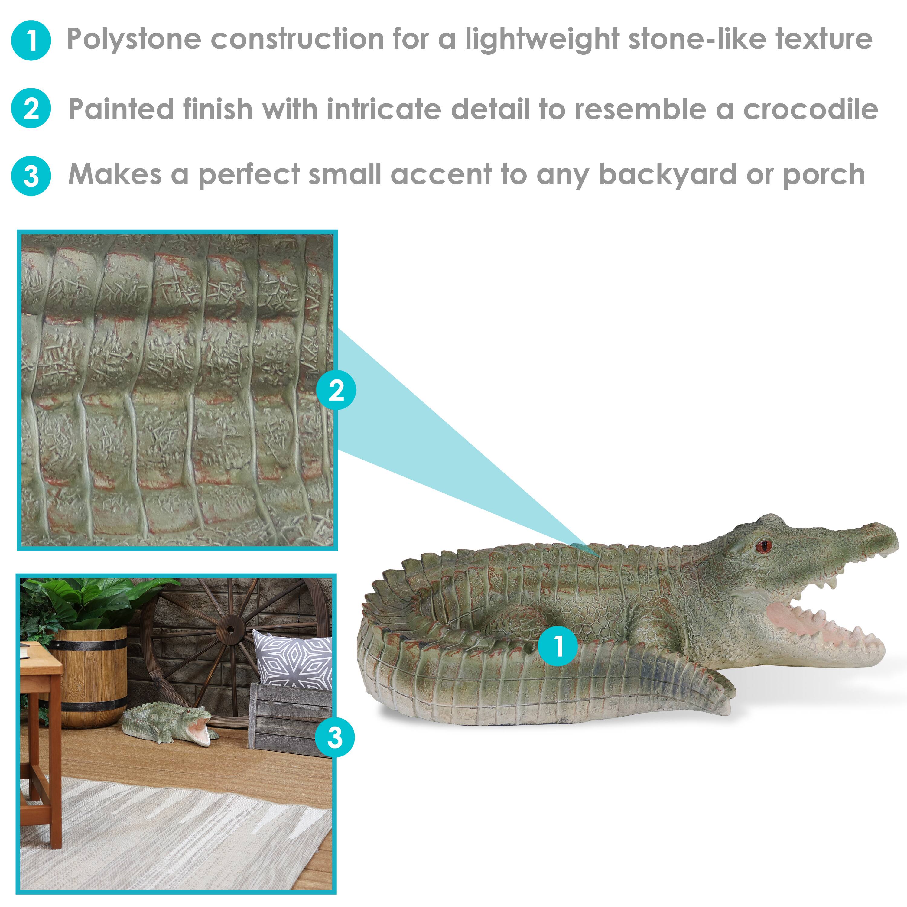 1. Polystone construction for a lightweight stone-like texture  
2. Painted finish with intricate detail to resemble a crocodile  
3. Makes a perfect small accent to any backyard or porch