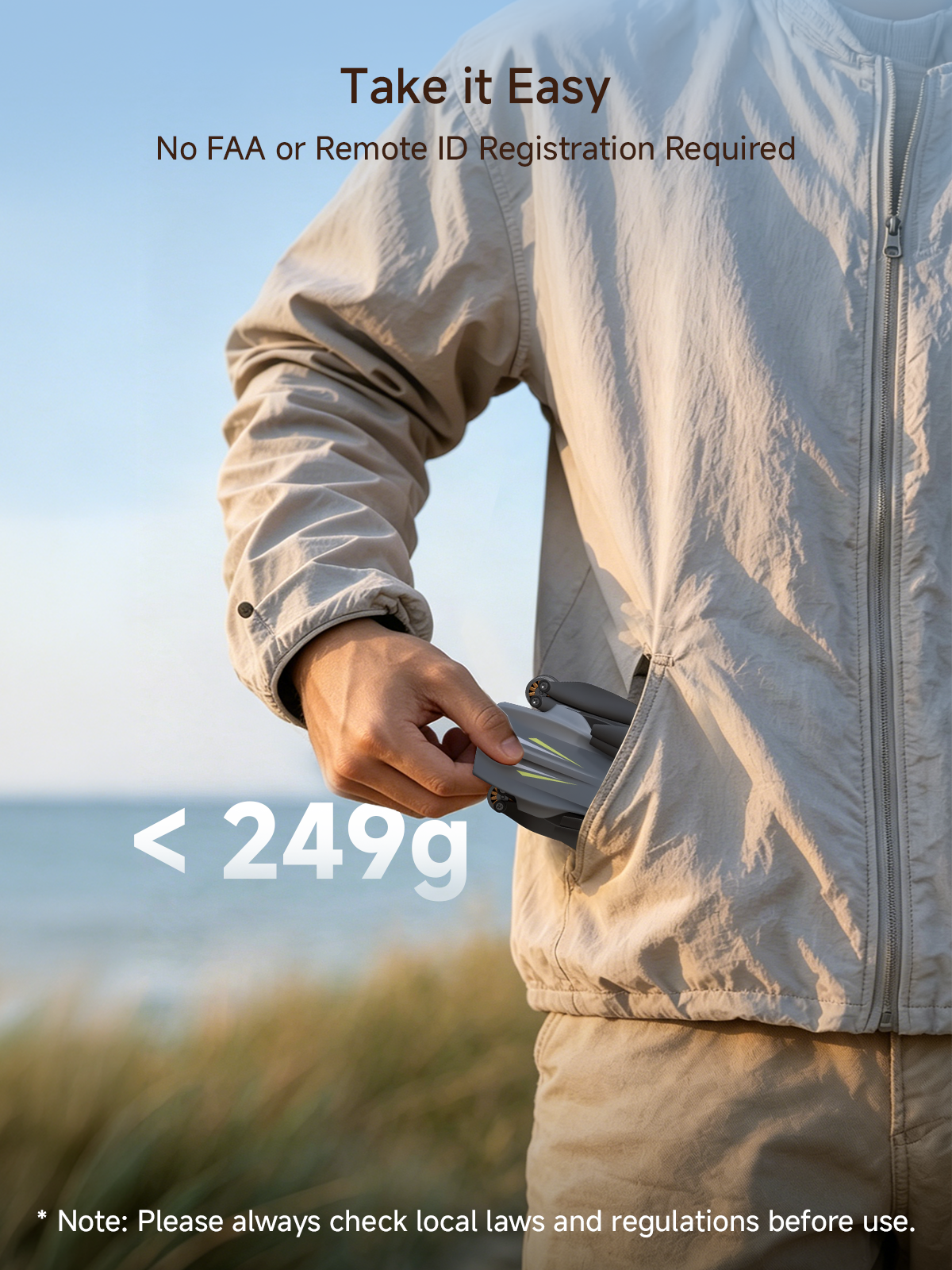 Take it Easy  
No FAA or Remote ID Registration Required  
< 249g  

*Note: Please always check local laws and regulations before use.