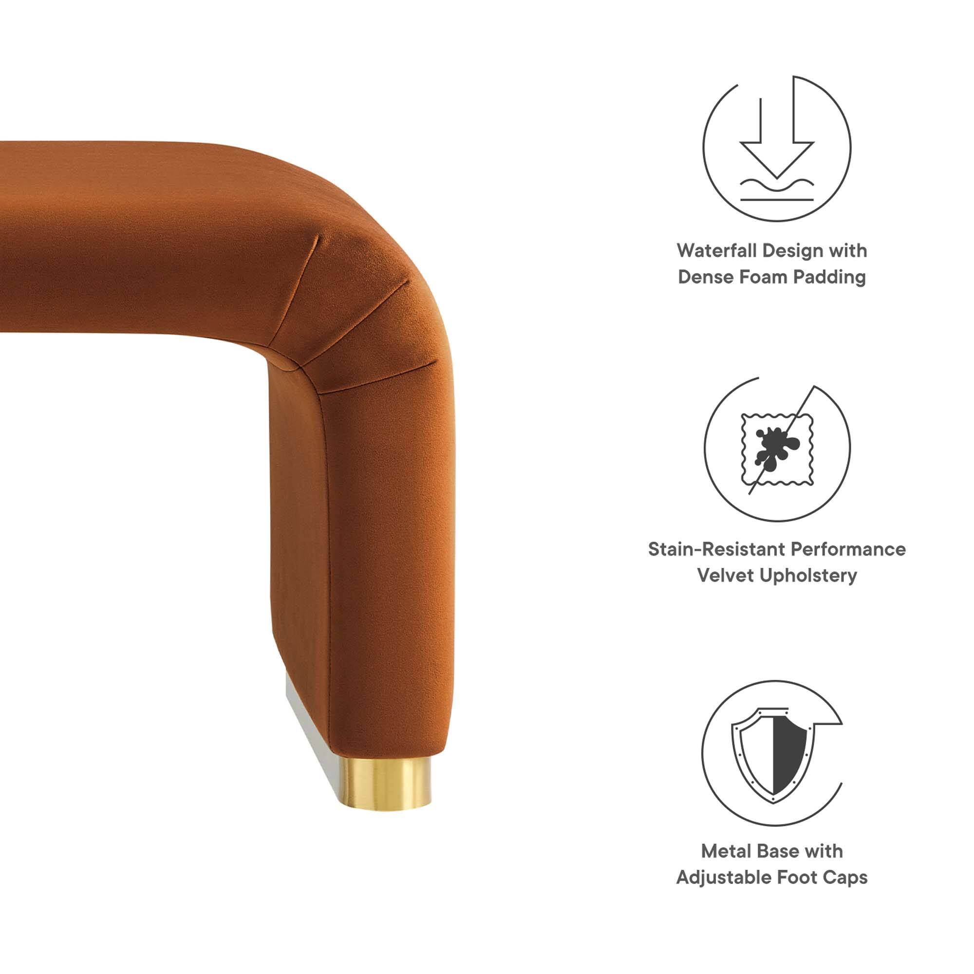 Waterfall Design with Dense Foam Padding  
Stain-Resistant Performance Velvet Upholstery  
Metal Base with Adjustable Foot Caps