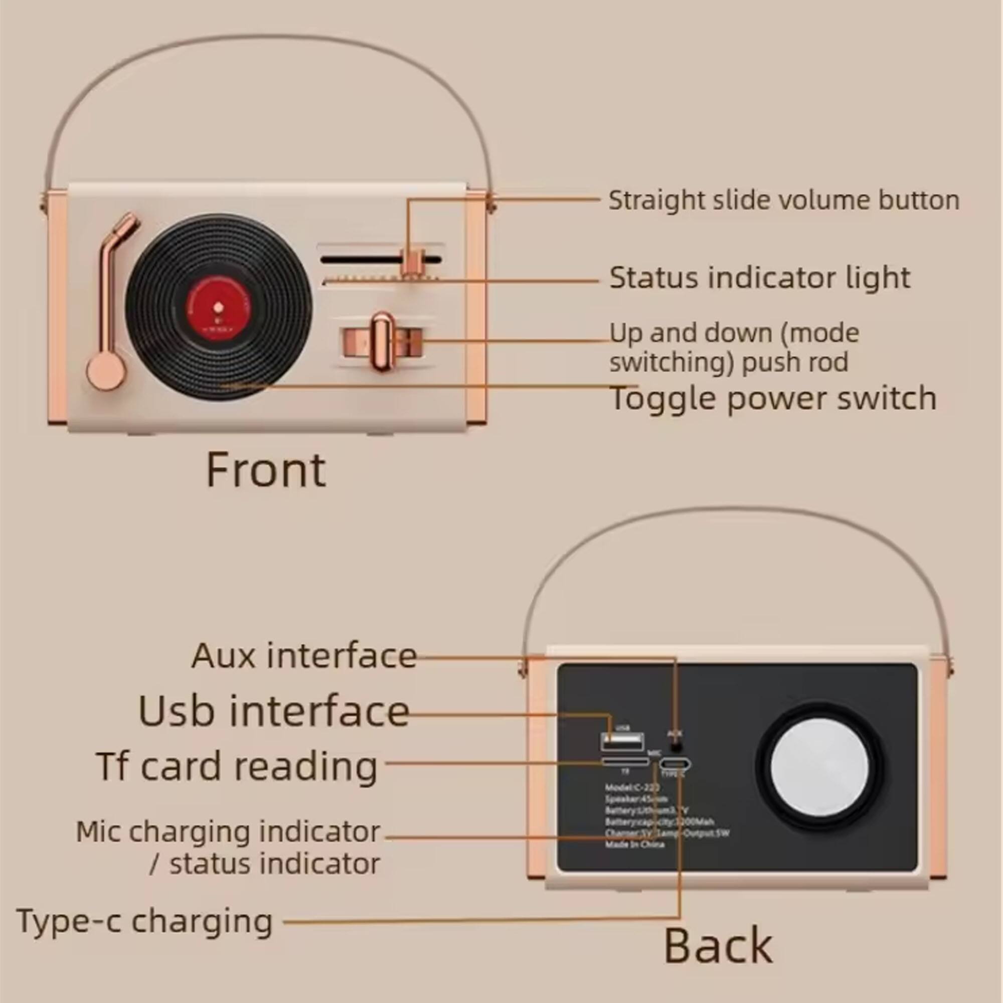 Front:
- Straight slide volume button
- Status indicator light
- Up and down (mode switching) push rod
- Toggle power switch

Back:
- Aux interface
- Usb interface
- Tf card reading
- Mic charging indicator / status indicator
- Type-c charging