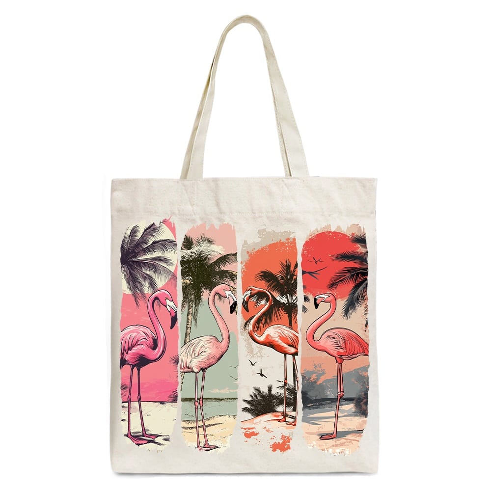 OrnamentallyYou - Summer Flamingo Beach Canvas Tote Bag, Retro Vacation Tropical Sunset Gift Shopper - Beige