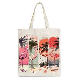 OrnamentallyYou - Summer Flamingo Beach Canvas Tote Bag, Retro Vacation Tropical Sunset Gift Shopper - Beige