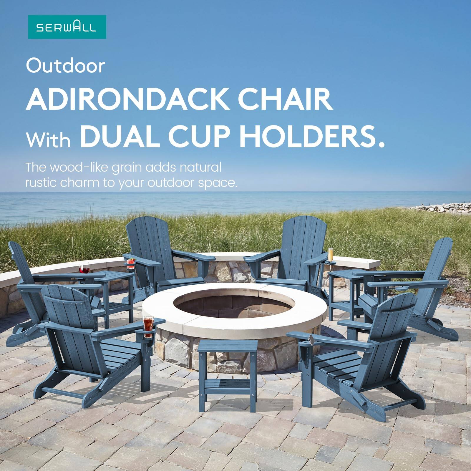 SERWALL Outdoor ADIRONDACK CHAIR With DUAL CUP HOLDERS. The wood-like grain adds natural rustic charm to your outdoor space.