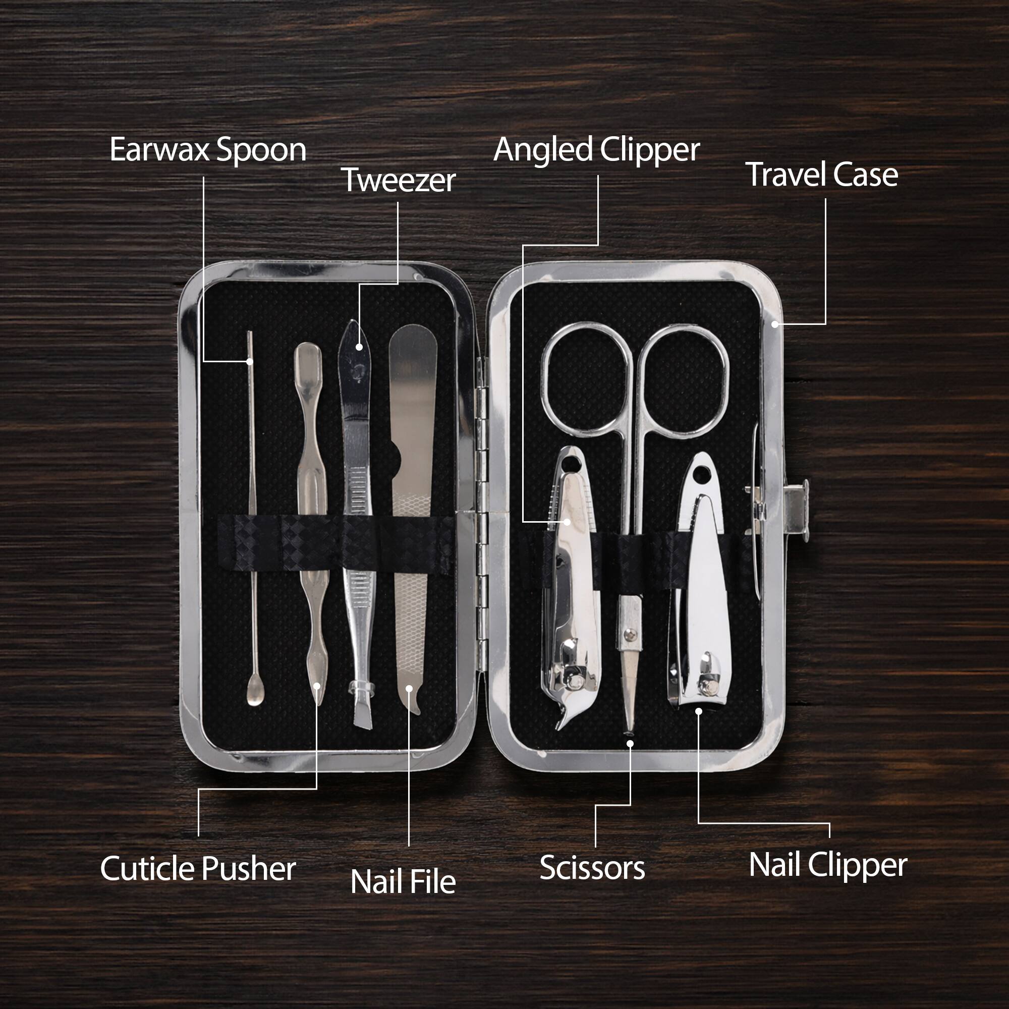Earwax Spoon  
Tweezer  
Angled Clipper  
Travel Case  
Cuticle Pusher  
Nail File  
Scissors  
Nail Clipper