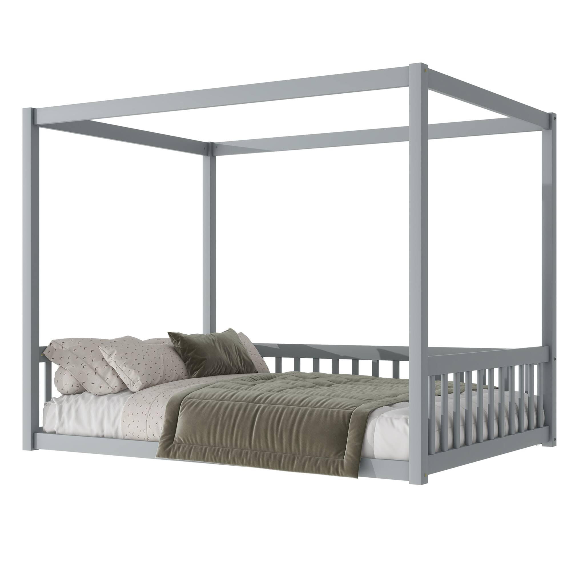 Alt View 8. GOODSILO - Full Size Canopy Frame Floor Bed with Safety Guardrails - Grey.