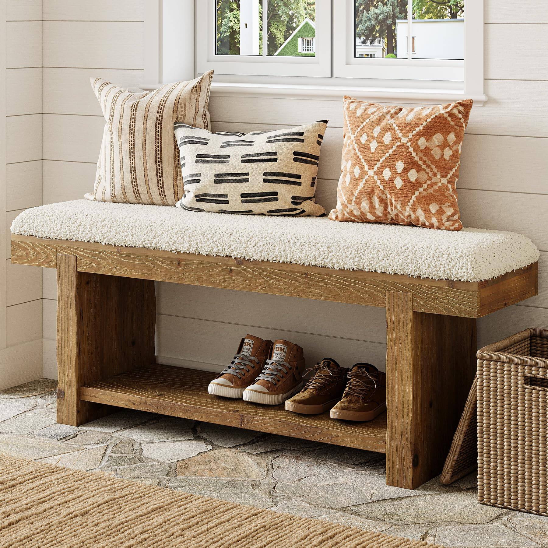 Tribesigns 47.2 Inch Solid Wood Entryway Bench, 2 Tier Farmhouse ...