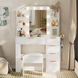 LUCKY ONE - Vanity Set with 10-Light LED Mirror, Charging Station, 5 Drawers, Storage Stool and Transparent Top - White