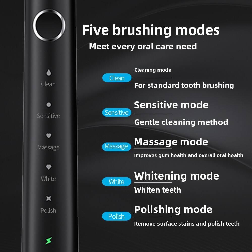 Five brushing modes  
Meet every oral care need

- **Clean**  
  Cleaning mode  
  For standard tooth brushing

- **Sensitive**  
  Sensitive mode  
  Gentle cleaning method

- **Massage**  
  Massage mode  
  Improves gum health and overall oral health

- **White**  
  Whitening mode  
  Whiten teeth

- **Polish**  
  Polishing mode  
  Remove surface stains and polish teeth