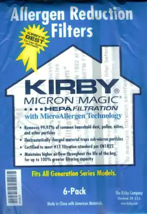 Allergen Reduction Filters
KIRBY'S BEST For Your Home and Family
KIRBY MICRON MAGIC HEPA FILTRATION with MicroAllergen Technology
- Removes 99.97% of common household dust, pollen, mites, and other particles
- Electrostatically charged material traps sub-micron particles
- Certified to meet H11 filtration standard per EN1822
- Maintains higher airflow throughout the life of the bag, for up to 100% greater filtering capacity
Fits All Generation Series Models.
6-Pack
Made in China with American Materials
The Kirby Company
Cleveland, OH, U.S.A.
www.kirby.com