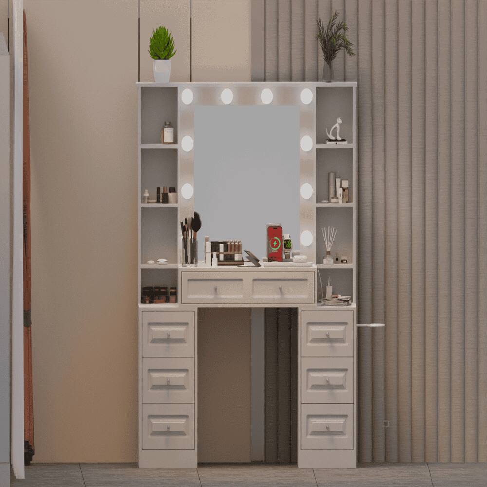 Front. Kadyn - Vanity Desk with Adjustable LED Mirror and Charging Station - White.