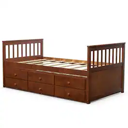 Hivvago - Twin Captains Bed with Pull Out Trundle and 3 Storage Drawers in Walnut Finish - Brown