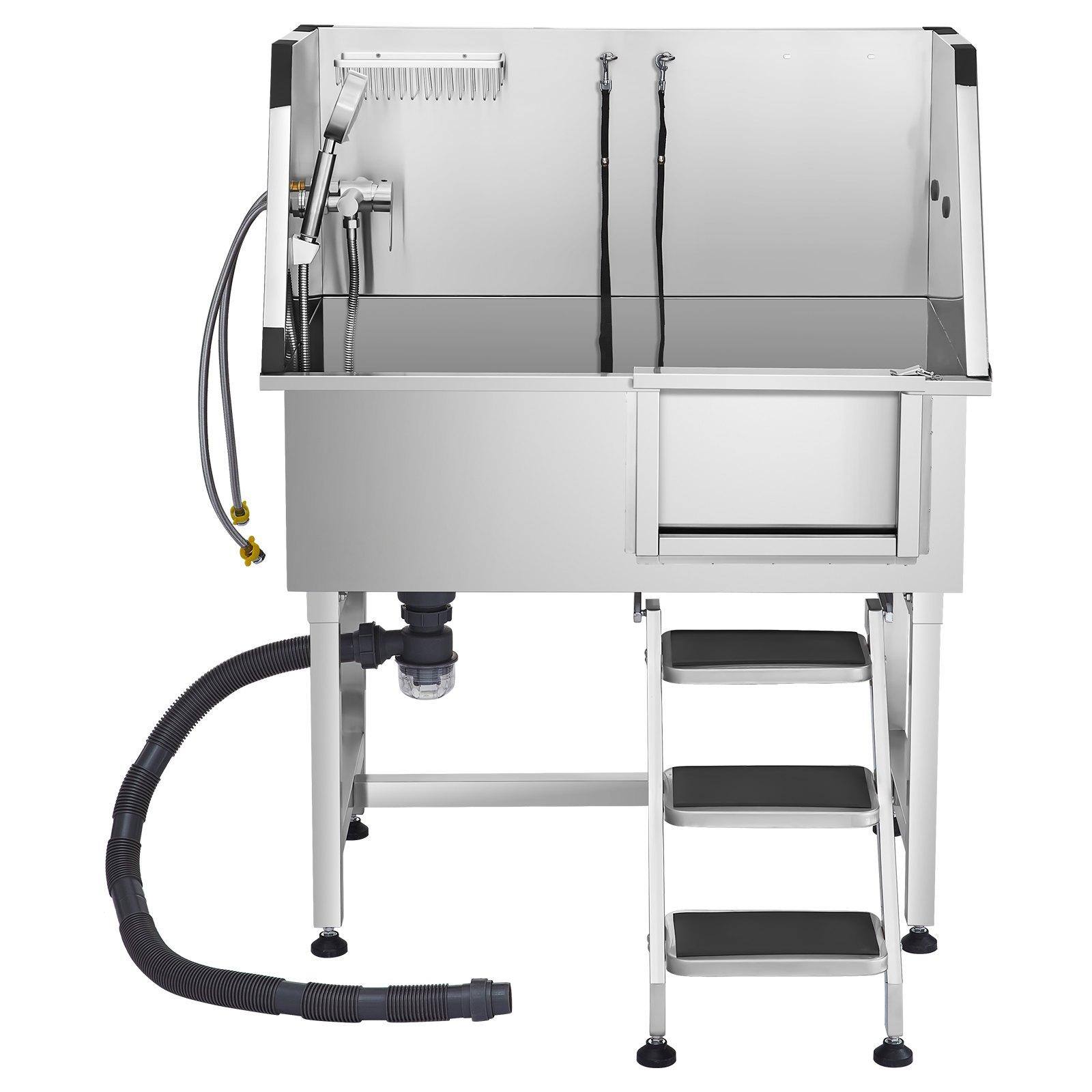 Front. Glintex - 38" Stainless Steel Dog Grooming Bath Tub with Stairs, Faucet, and Showerhead, Non-Slip Leak-Proof Pet Washing Station.