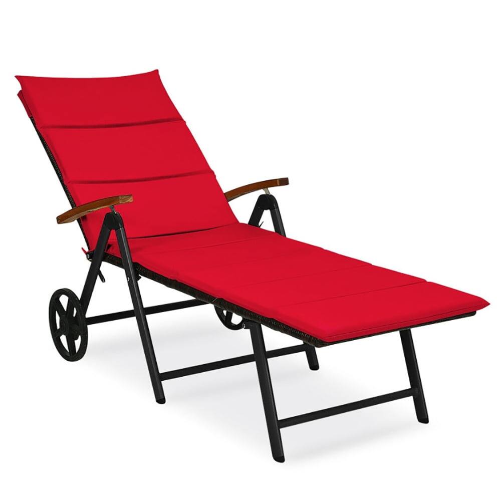 Alt View 1. Pefilos - Patio Lounge Chair, Rattan Lounger Recliner Chair Back Adjustable Chaise Recliner, Red Cushion - Red.