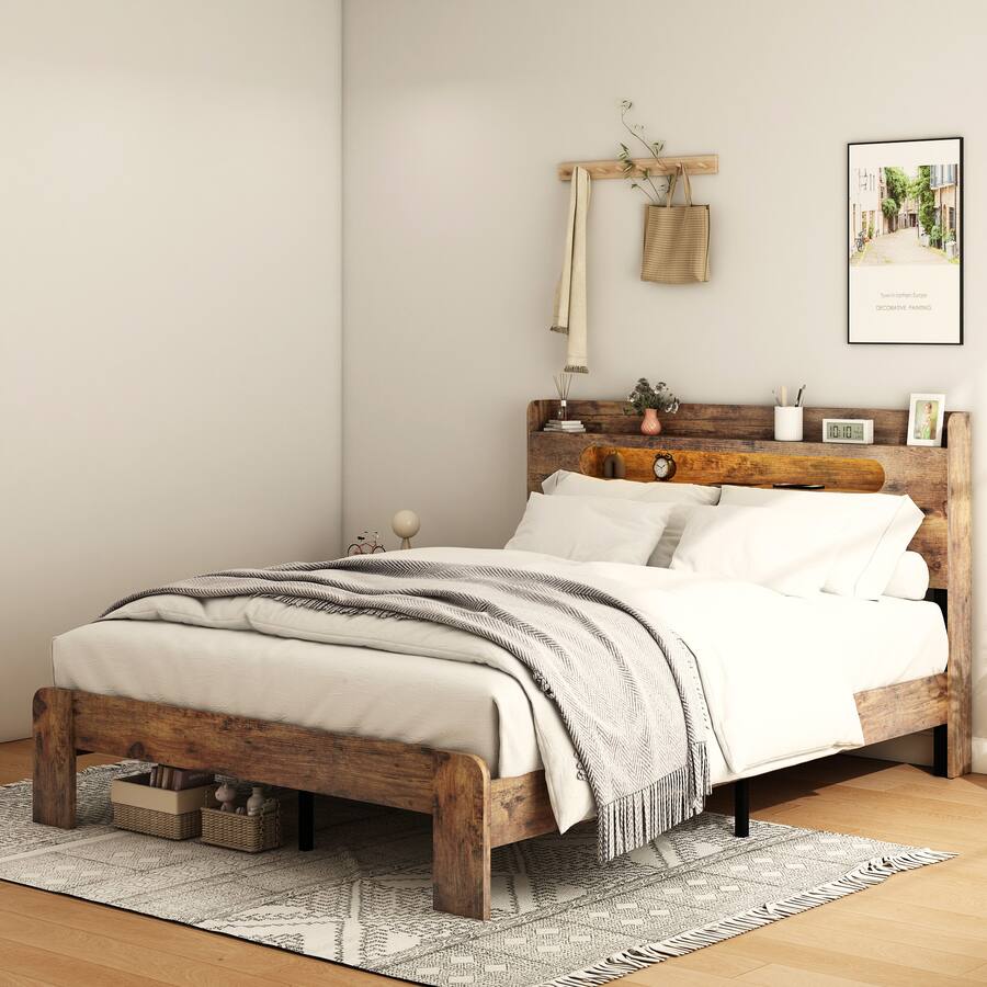 Simple Style Frame Anysun King Size Wood Platform Bed Frame with Storage, LED Light ...