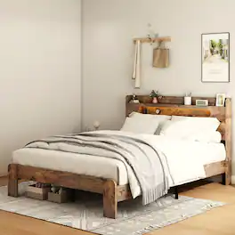 Anysun - King Size Wood Platform Bed Frame with Storage, LED Light Headboard, 2 USB, Noise-Free, No Box Spring, Easy Assembly - Brown