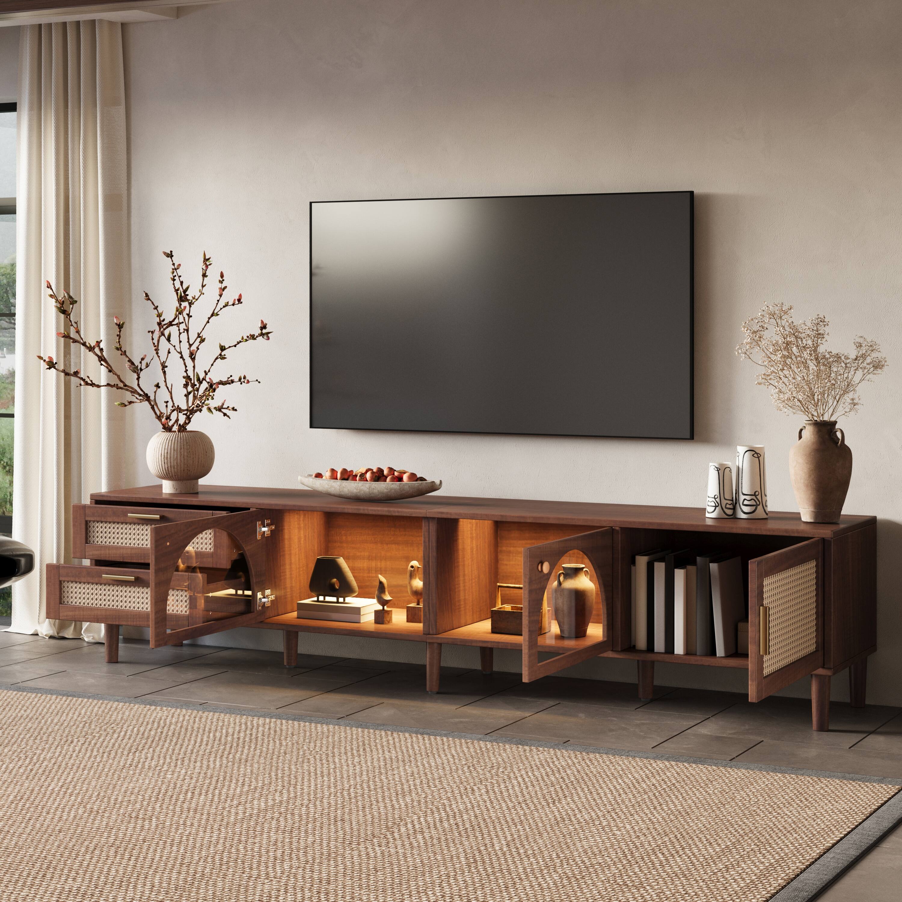 Angle. MERAVOM - 86 Inch TV Stand for TVs up to 90", Entertainment Center with LED Lights, 2 Drawers & Glass Door Storage for Living Room - Dark Brown.