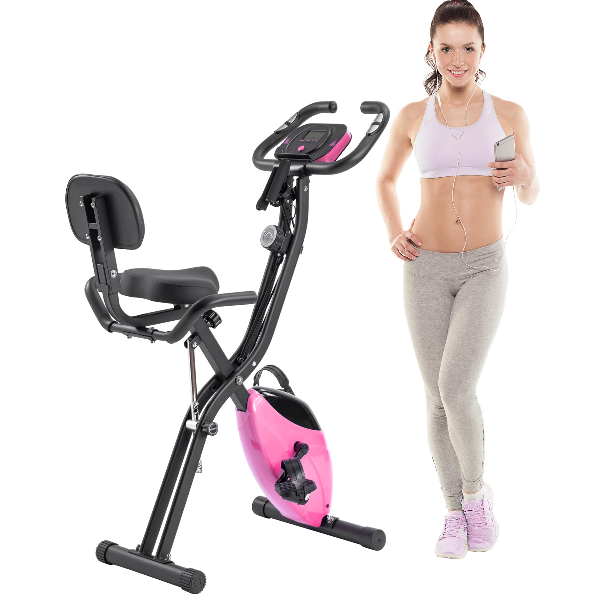 Chery Life - Folding Fitness Upright and Recumbent Exercise Bike with 16-Level Adjustable Resistance - Pink