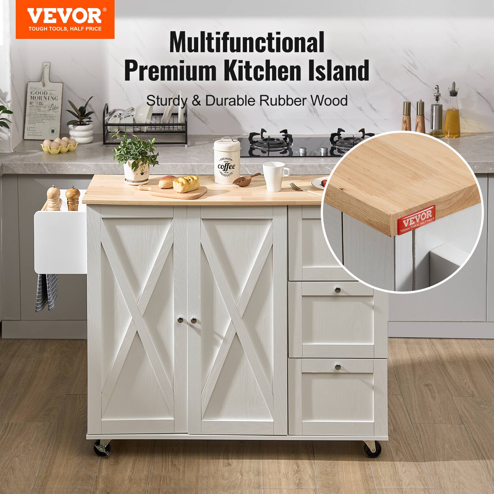 VEVOR TOUGH TOOLS, HALF PRICE
Multifunctional Premium Kitchen Island
Sturdy & Durable Rubber Wood
GOOD MORNING
VEVOR

(be) coffee