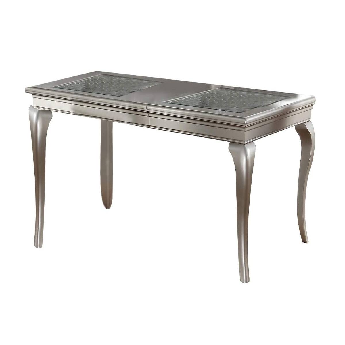 Alt View 3. Loheer - Loheer Silver Rectangular Dining Table With Glass Insert Top and Extension Leaf - Champagne and silver.