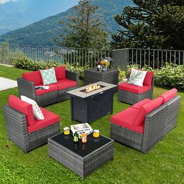 Gymax - 9 PCS Patio Rattan Furniture Set Fire Pit Table Storage Black W/ Cover - Red