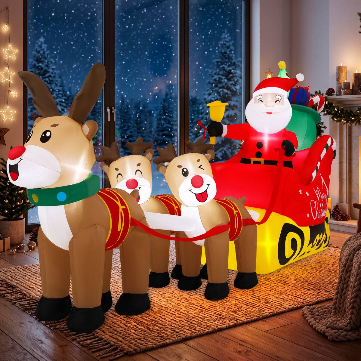 Angle. Wisairt - 8FT Giant Christmas Inflatable Santa Claus and Reindeer Outdoor Yard Decoration with Built-in LED lihgts - Green|White|Red.