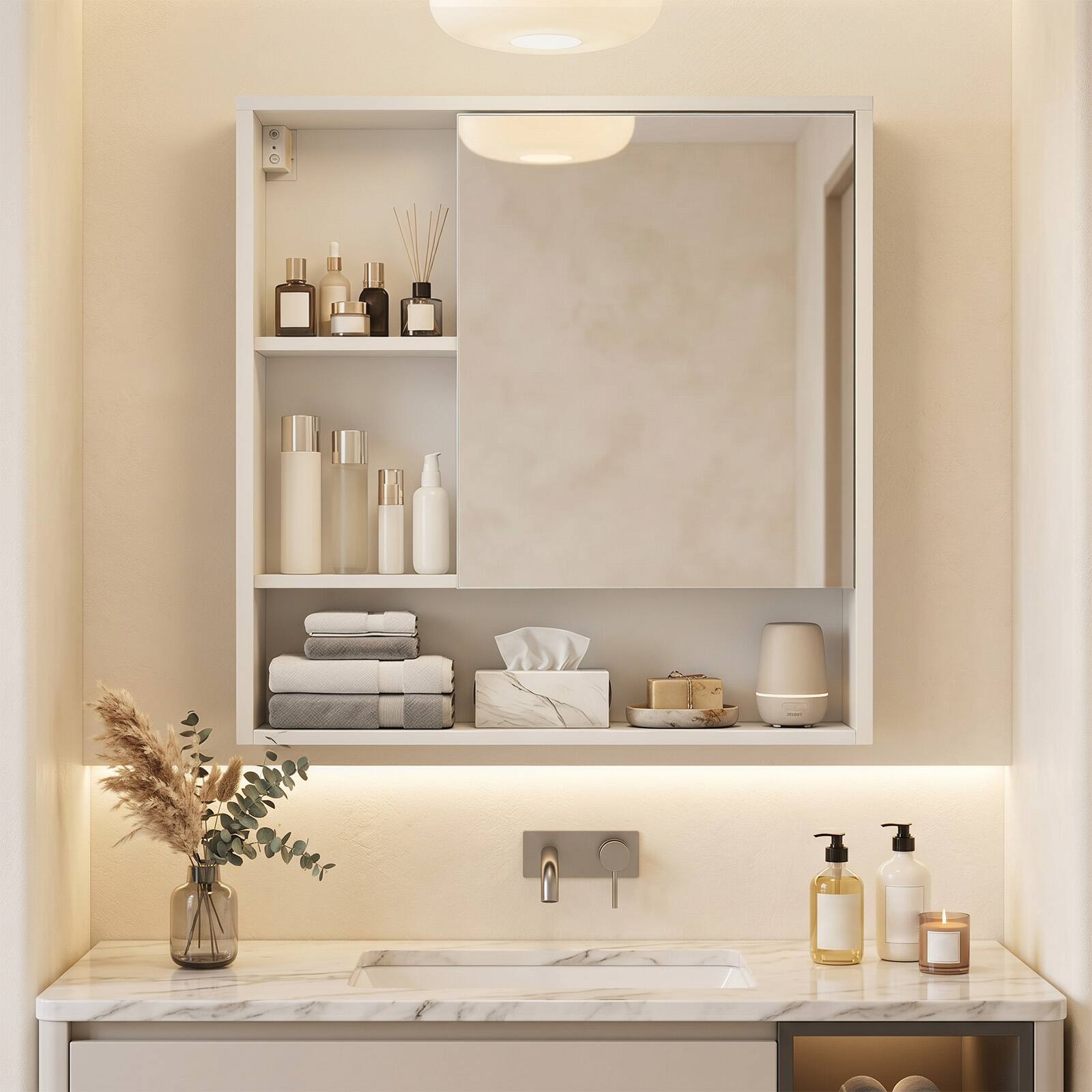 Alt View 1. Costway - Costway Bathroom Mirror Cabinet with 2 Hidden Storage Shelves, 3 Open Storage Compartments - White.
