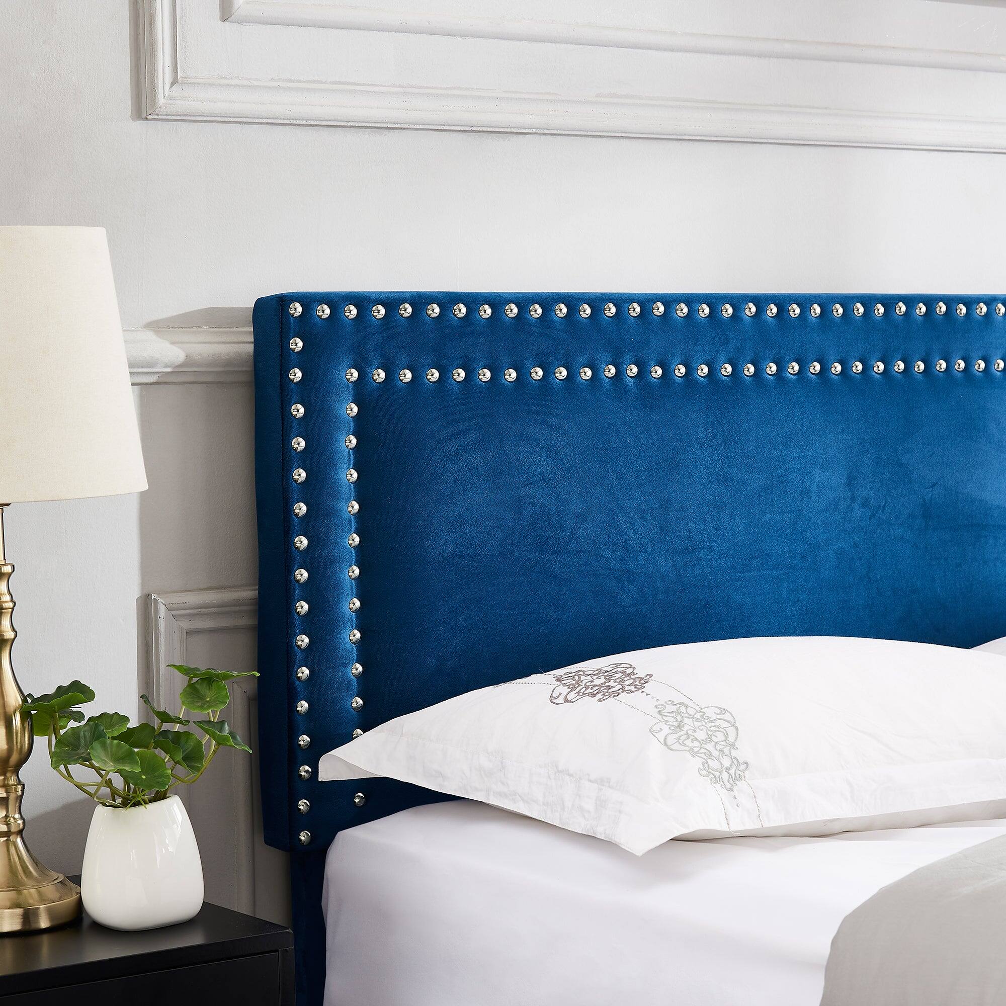 Alt View 3. Vecelo - Queen Size Platform Bed Frame with Adjustable Upholstered Headboard, Strong Wood Slat Support,No Box Spring Needed - Dark Blue.