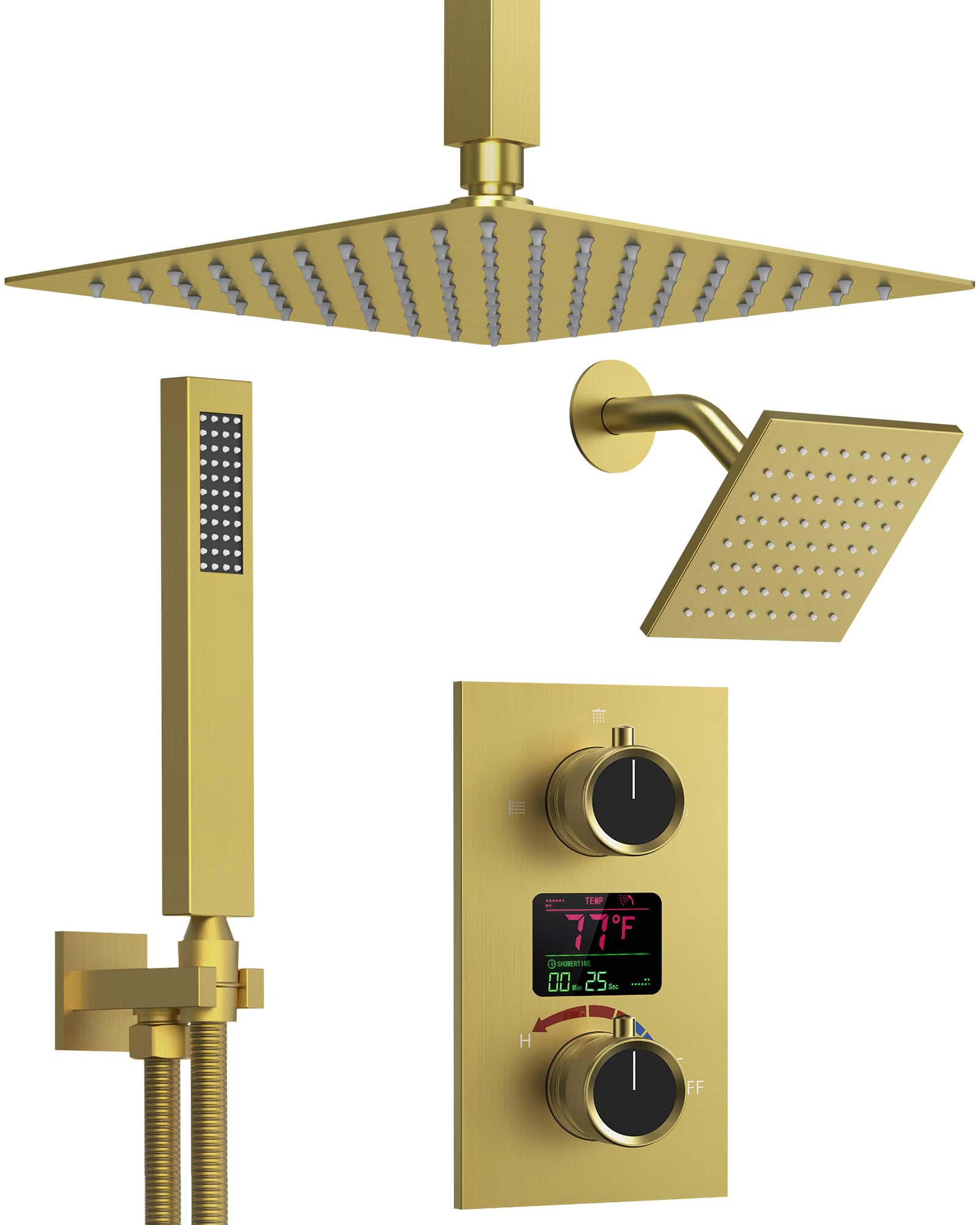 GRANDJOY - Multi-Function Shower System with LCD Display, Dual Rainfall & Handheld, cUPC Certified Anti-Scalding - Brushed Gold