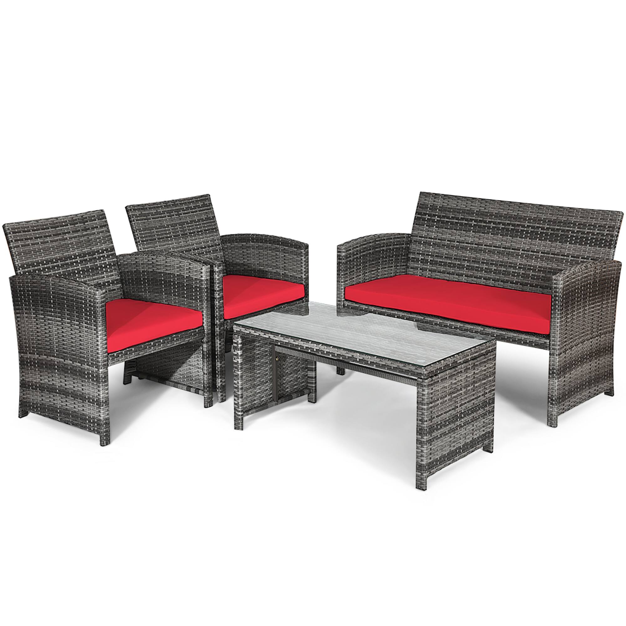 Alt View 5. Gymax - Gymax 4PCS Patio Outdoor Rattan Conversation Furniture Set w/ Red Cushion - Red.