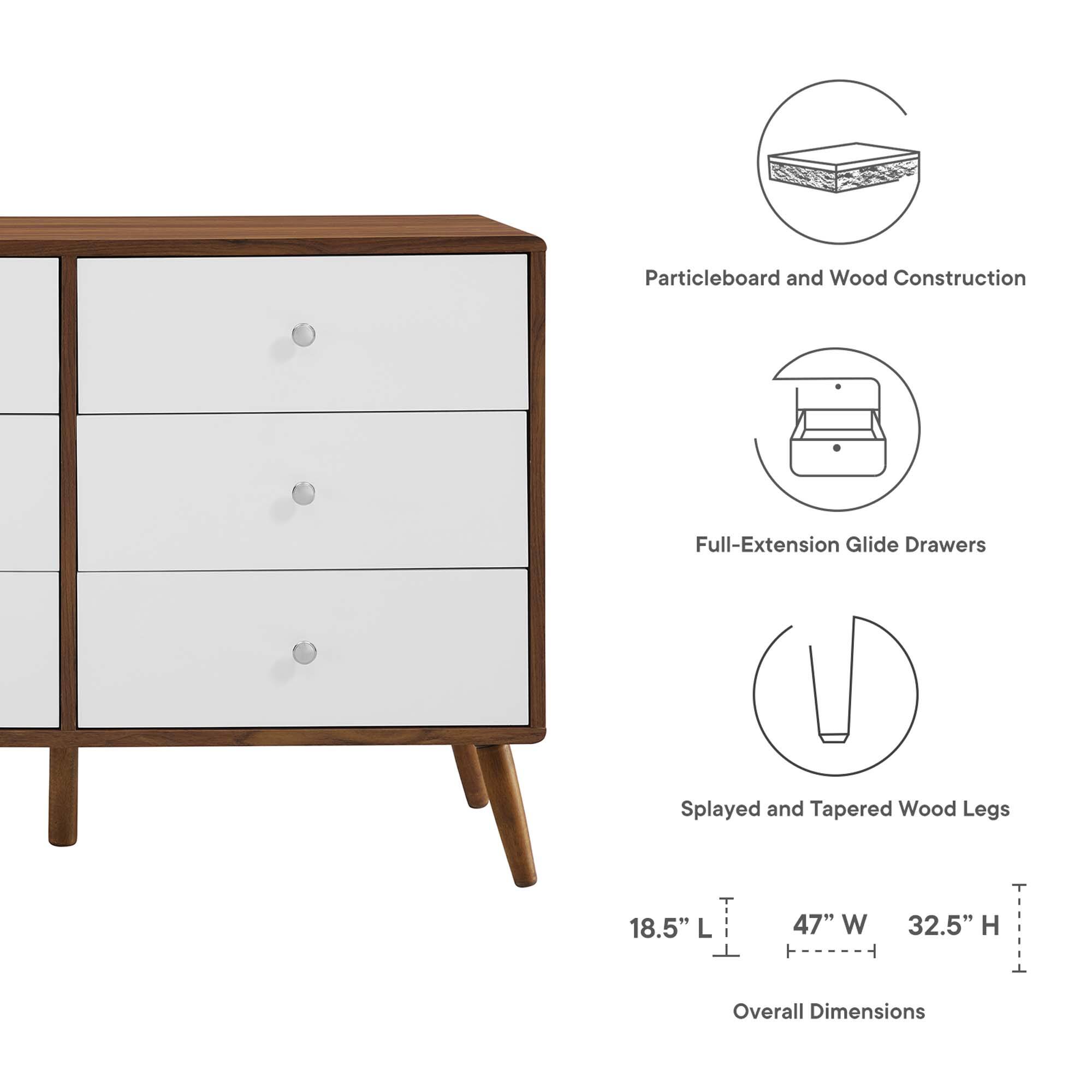 - Particleboard and Wood Construction
- Full-Extension Glide Drawers
- Splayed and Tapered Wood Legs
- Overall Dimensions: 18.5" L x 47" W x 32.5" H