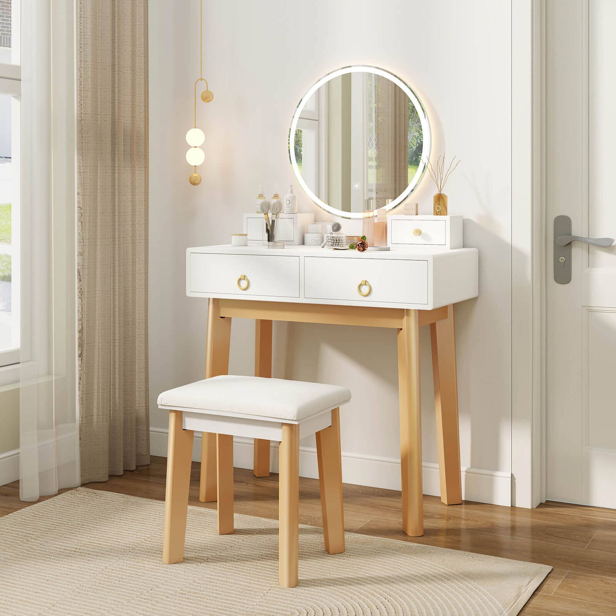 Alt View 1. Costway - Costway Vanity Set with LED Lighted Mirror Round Mirror & Soft Cushioned Stool 4 Drawers - White.