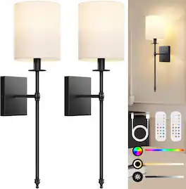 Nordic Hygge - 27 Inch Black Battery Operated Wall Sconces Set of 2, Rechargeable Wireless Wall Lights with Remote - Black and White