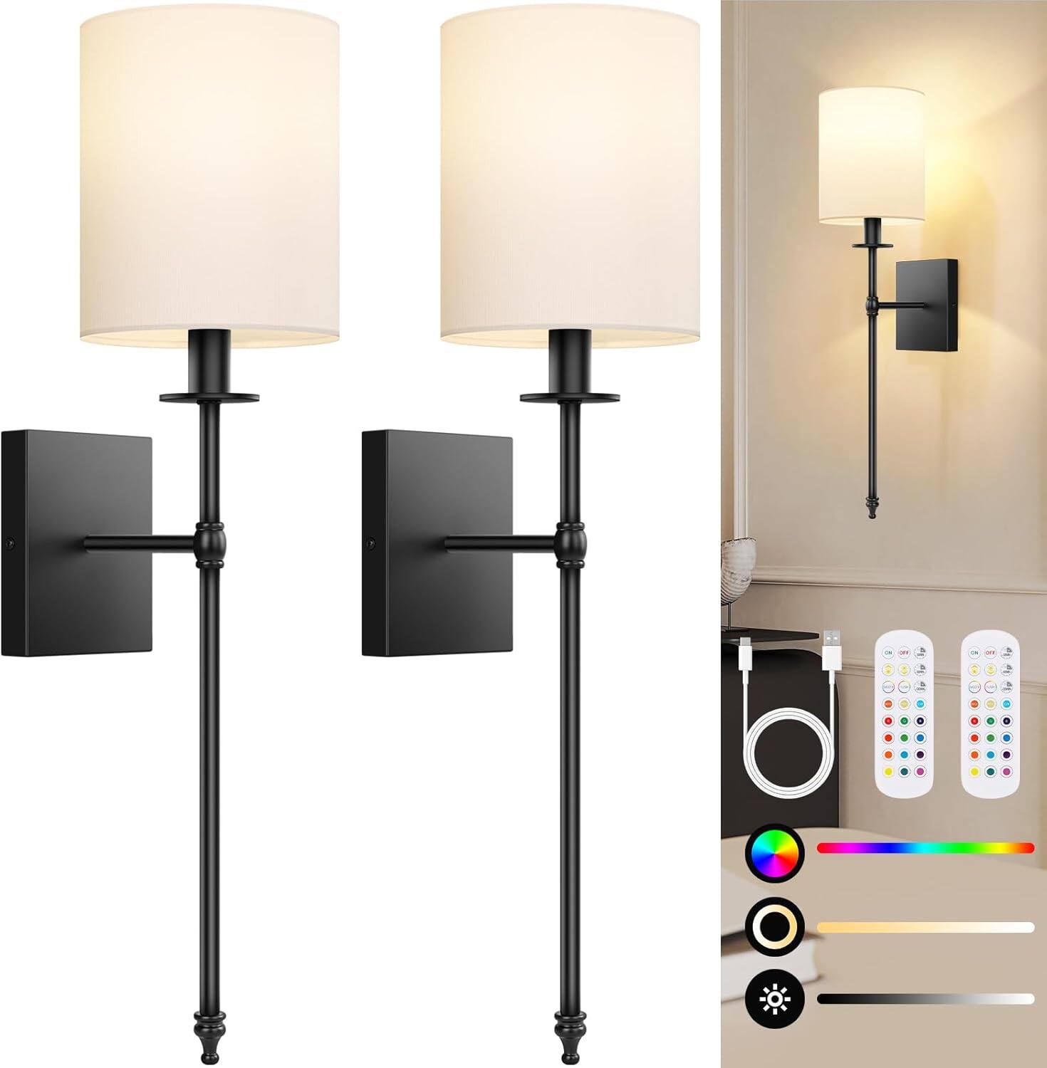 Front. Nordic Hygge - 27 Inch Black Battery Operated Wall Sconces Set of 2, Rechargeable Wireless Wall Lights with Remote - Black and White.