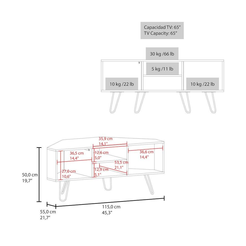 Capacidad TV: 65"  
TV Capacity: 65"  

30 kg / 66 lb  
5 kg / 11 lb  
10 kg / 22 lb  
10 kg / 22 lb  

35,9 cm / 14,1"  
50,0 cm / 19,7"  
36,5 cm / 14,4"  
27,0 cm / 10,6"  
12,6 cm / 5,0"  
12,9 cm / 5,1"  
53,5 cm / 21,1"  
36,6 cm / 14,4"  
55,0 cm / 21,7"  
115,0 cm / 45,3"