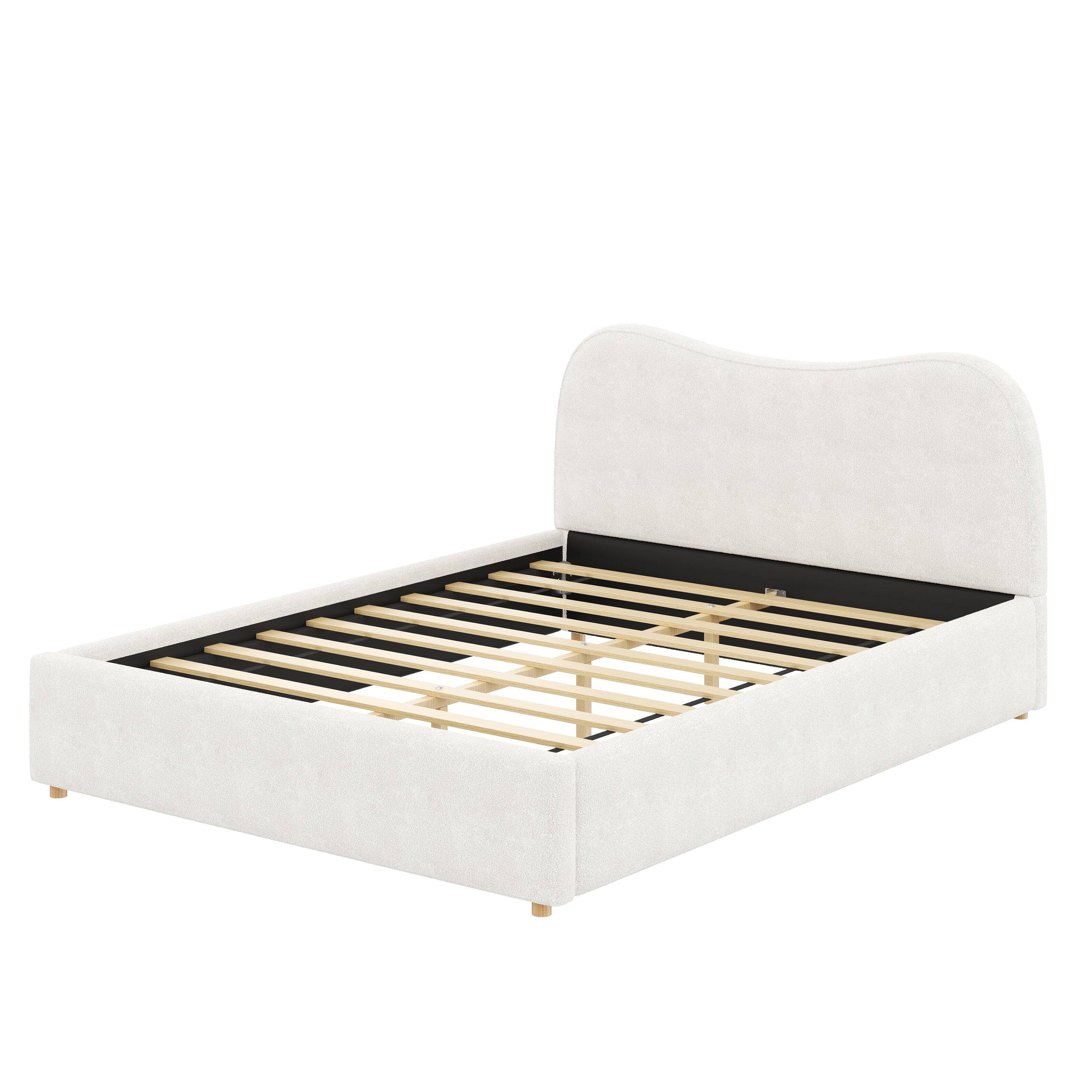 Left. Whisen - Queen Size Bouclé Upholstered Platform Bed Frame with Wooden Slats for Modern Bedroom - White.