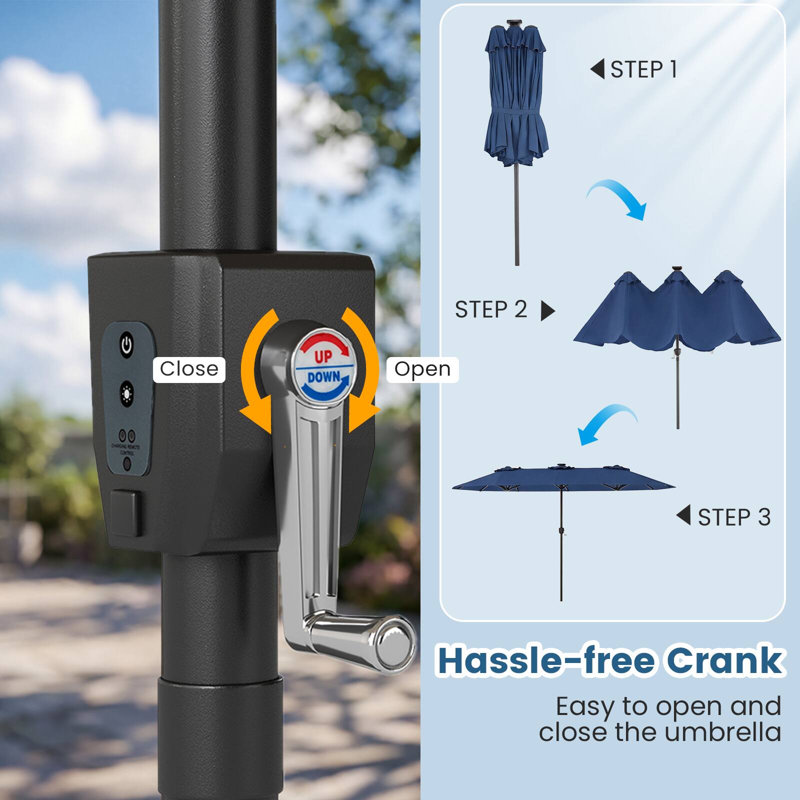 STEP 1  
Close UP DOWN, Open I.

STEP 2

STEP 3  
Hassle-free Crank  
Easy to open and close the umbrella
