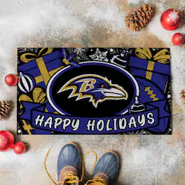 Evergreen Enterprises - Baltimore Ravens 28" x 16" Happy Holidays Christmas Turf Door Mat - Multicolor