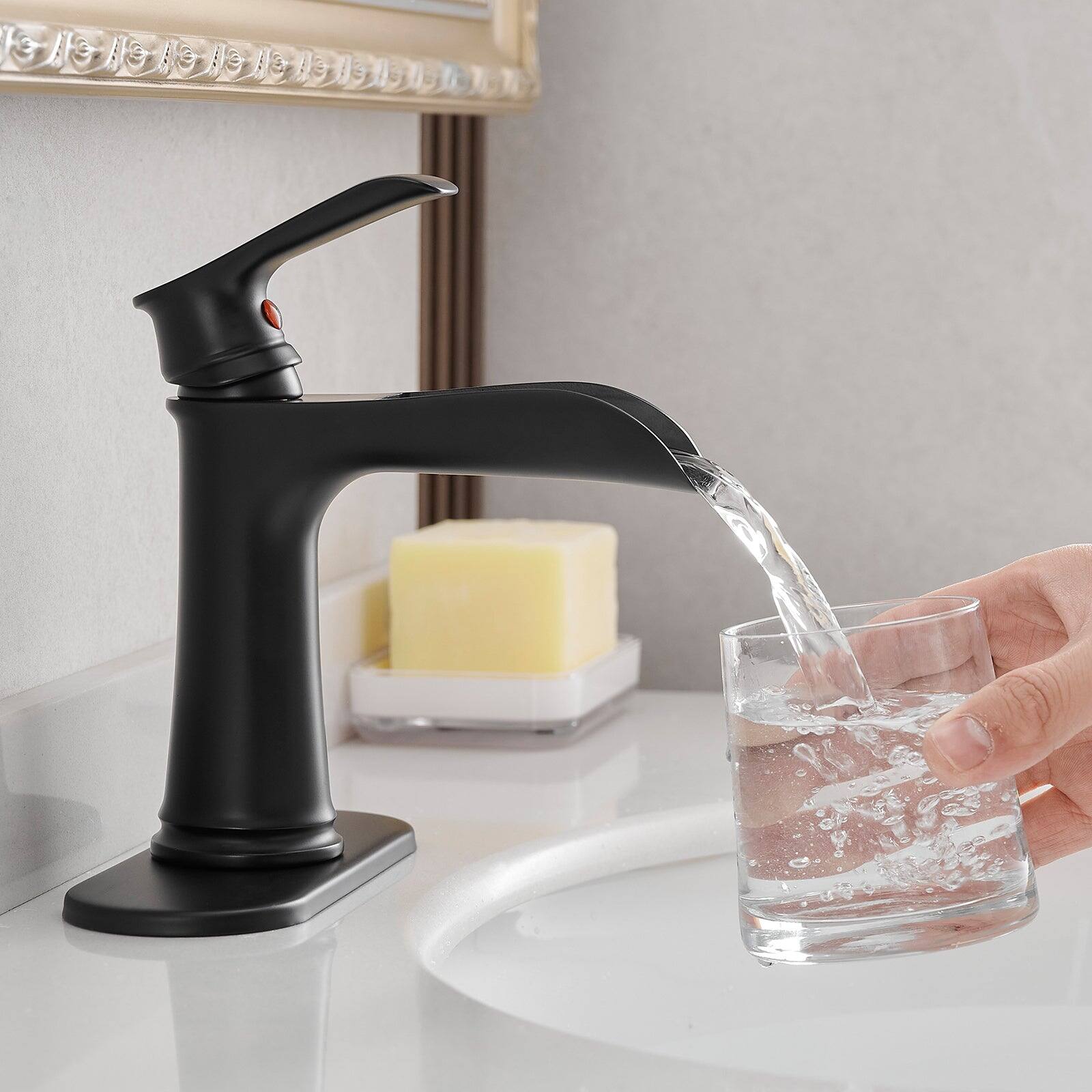 Alt View 2. Boyel Living - Single Handle Single Hole Bathroom Faucet Matte Black with Deck Plate Pop Up Drain and Water Supply Hoses - Matte Black.