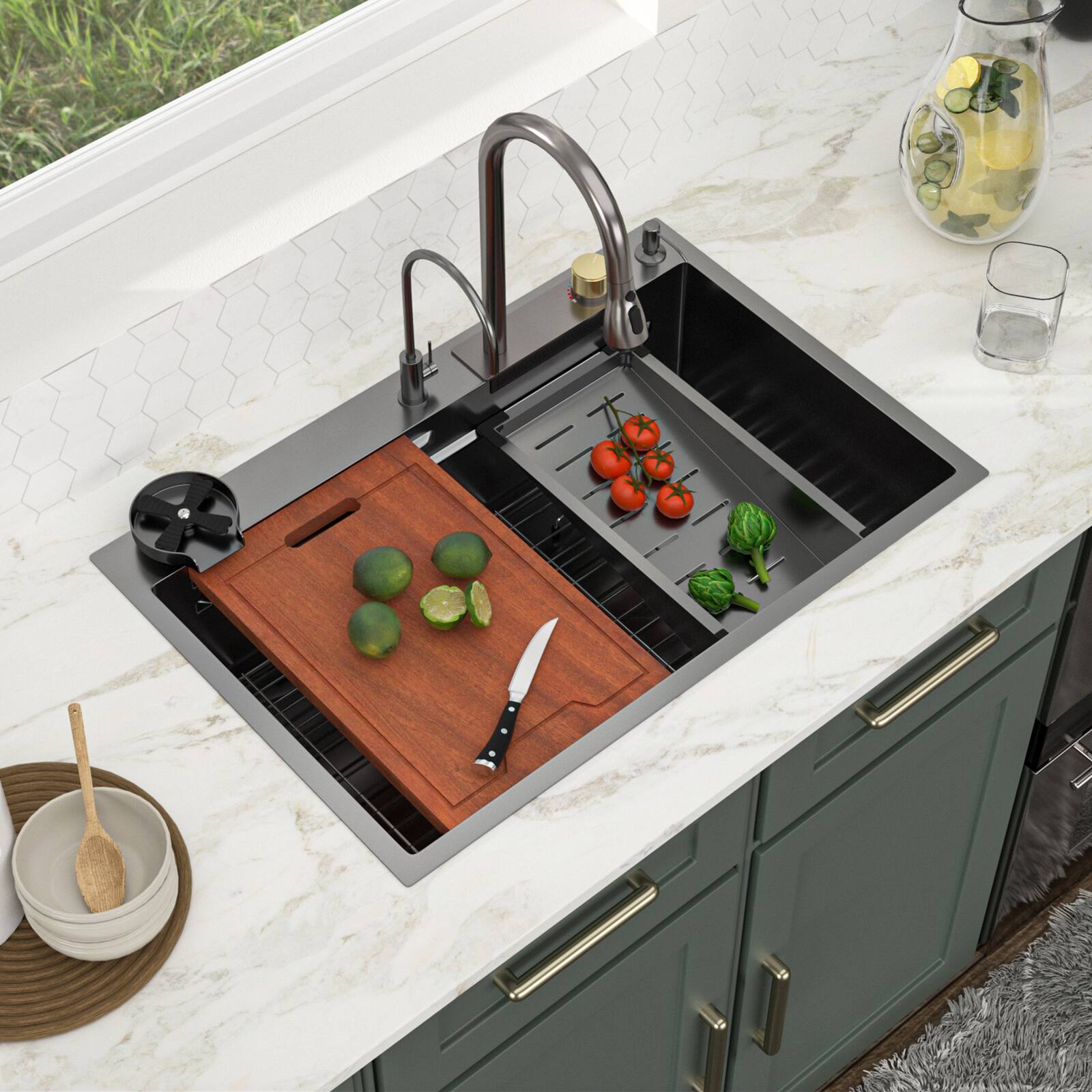 Angle. Lordear - 33x22 in. Drop-In Single Bowl 16-Gauge Stainless Steel Gunmetal Black Workstation Waterfall Kitchen Sink with Faucet - Gunmetal Black.