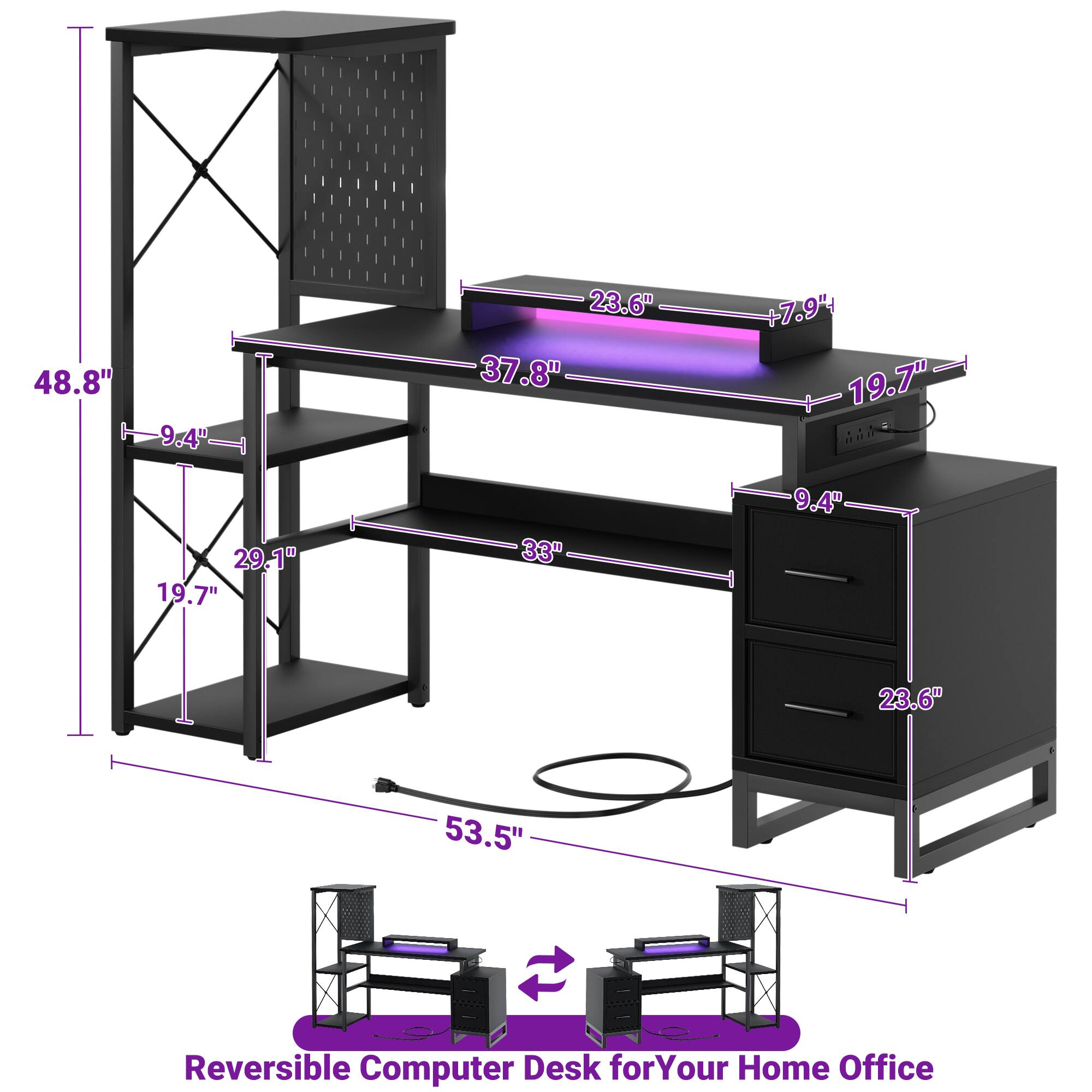 48.8" 9.4" 23.6" 37.8" +7.9" 19.7" NID 29.1" 19.7" 33" 9.4" 23.6" 53.5" Reversible Computer Desk for Your Home Office