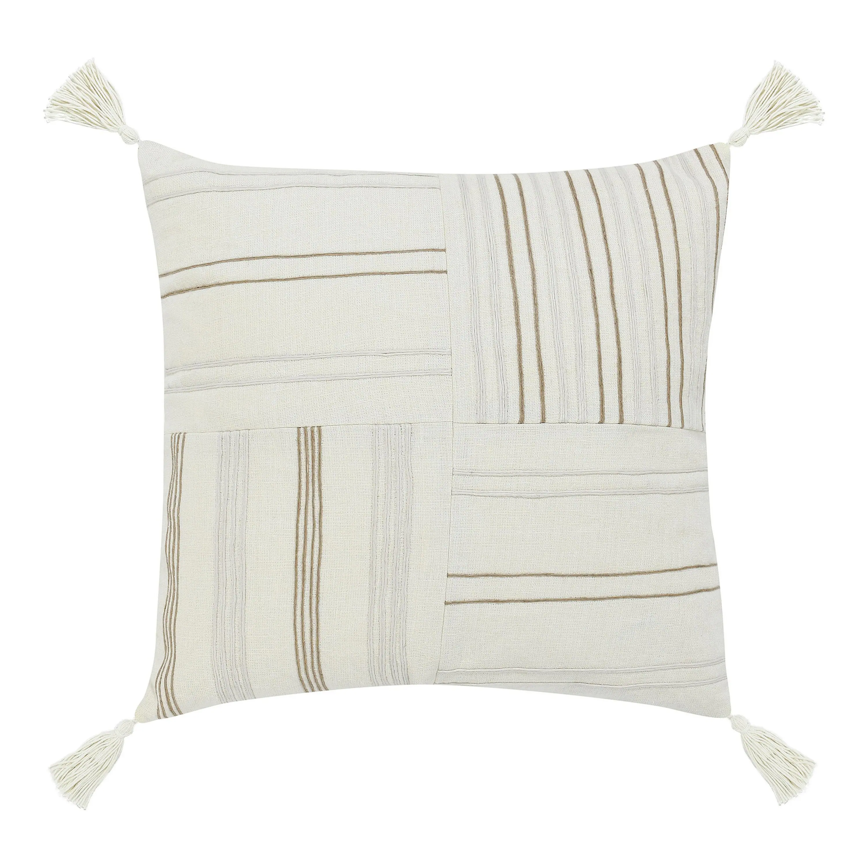 Front. Manhattan Lane - Pini Throw Pillow, Boho Design Stripe Pattern, 22 Inch  Linen - Beige.