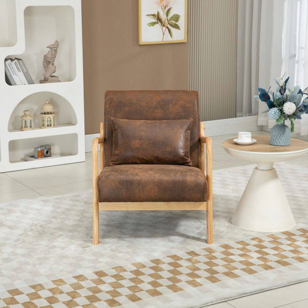 Alt View 2. Kadyn - Mid Century Modern Accent Chair with Wood Frame & Waist Cushion, Upholstered Reading Armchair for Living Room, Brown - Brown.