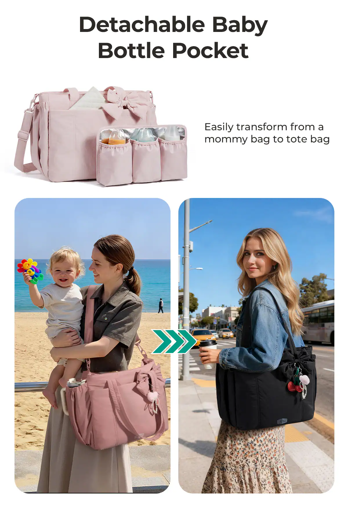 Detachable Baby Bottle Pocket

Easily transform from a mommy bag to tote bag
