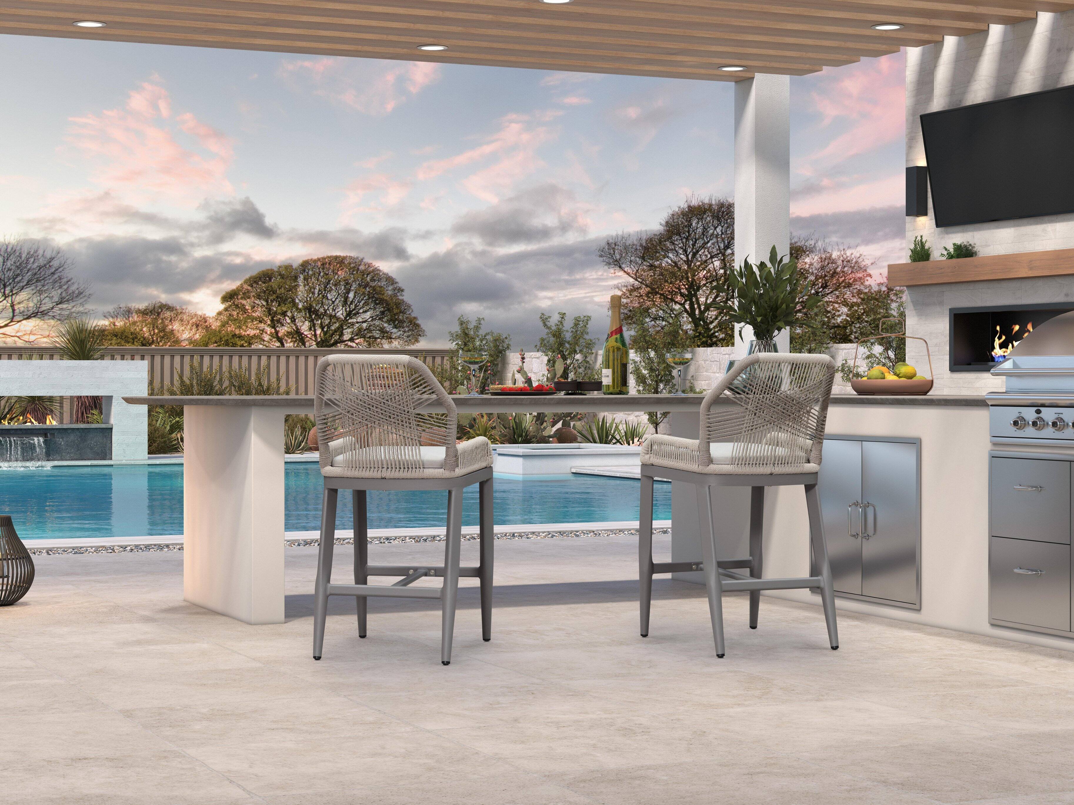 Alt View 2. PURPLE LEAF - Patio Outdoor Bar Stool Counter Height Set of 2 Rattan Chair with Back Modern Aluminum Woven Barstools for Garden Indoor - Light Grey-Counter Stool.