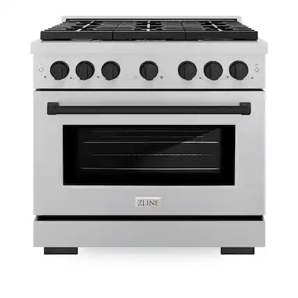 Front. ZLINE - 36 in. Wide 6 Burner Autograph Paramount Satin Steel Gas Range withBlack Accents (SGRSZ-36-MB) - Stainless Steel.